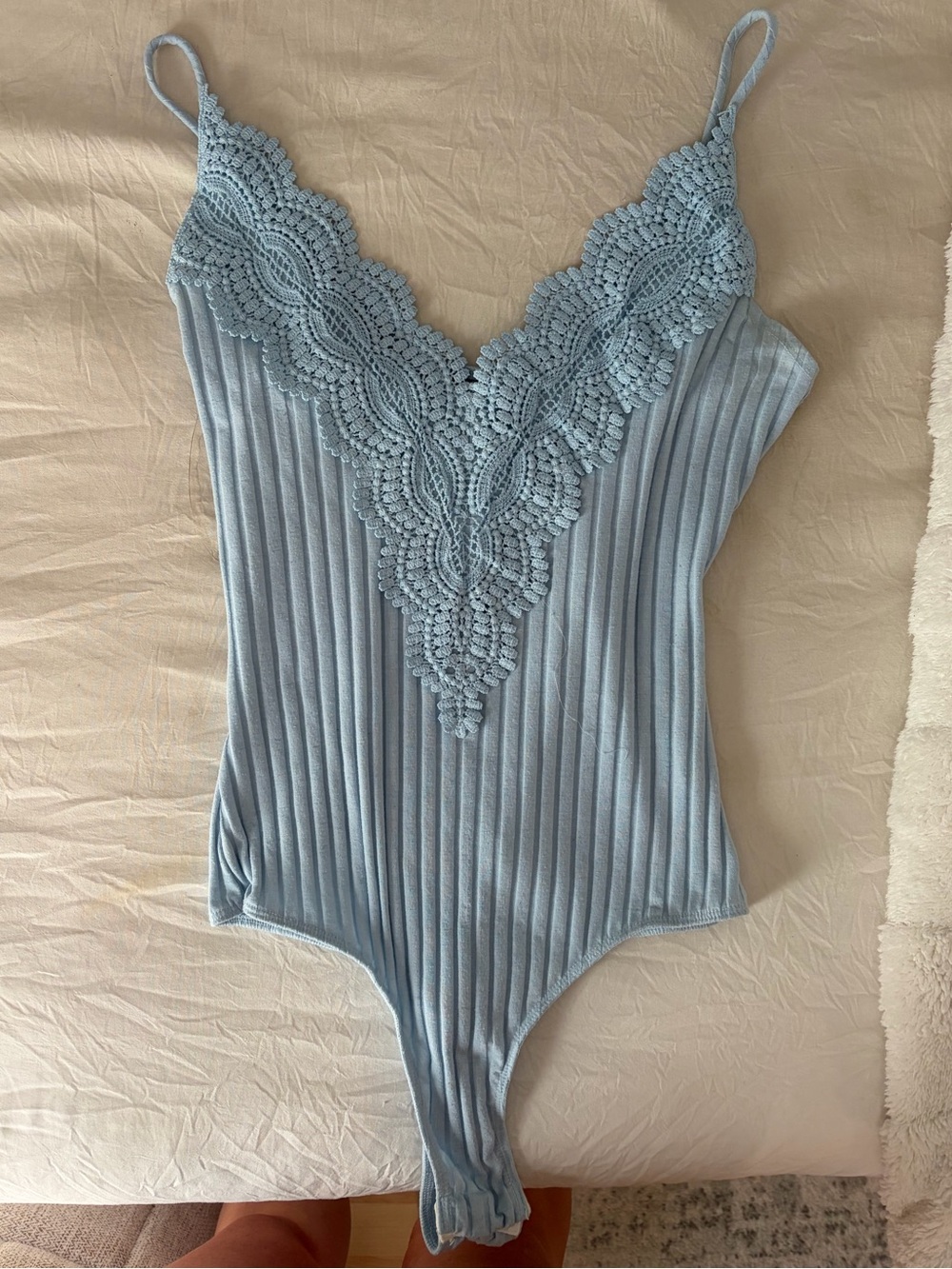 Light Blue Lace-Trim Ribbed Bodysuit